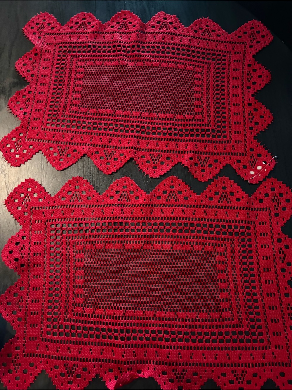 70s Vintage Red Crochet Lace Placemats Set of 2 Scalloped Edge Boho Table Linens